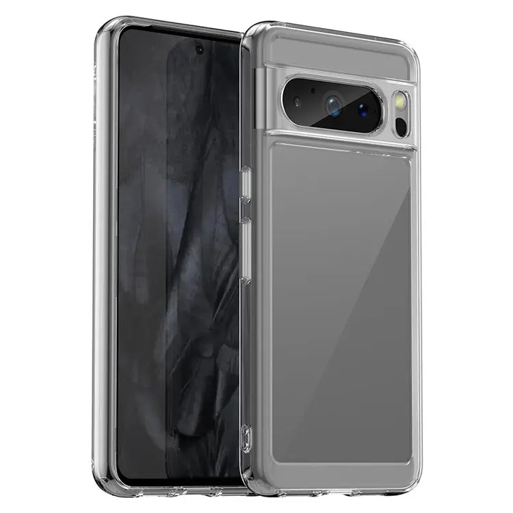Transparent grey acrylic TPU phone case with camera cutout and side buttons
