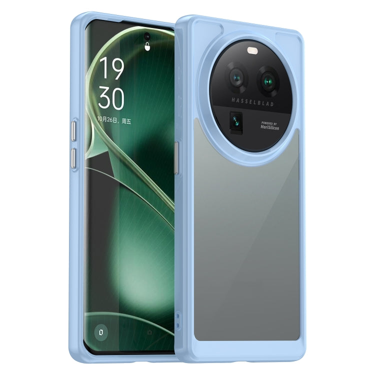 Light blue translucent phone case with camera lens ring and protective corners