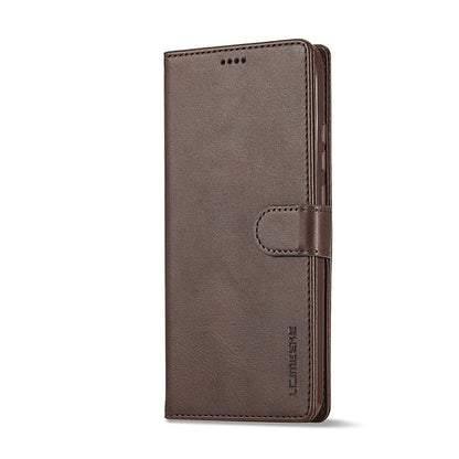 Brown calf-texture flip leather phone case with folio flap and side holder