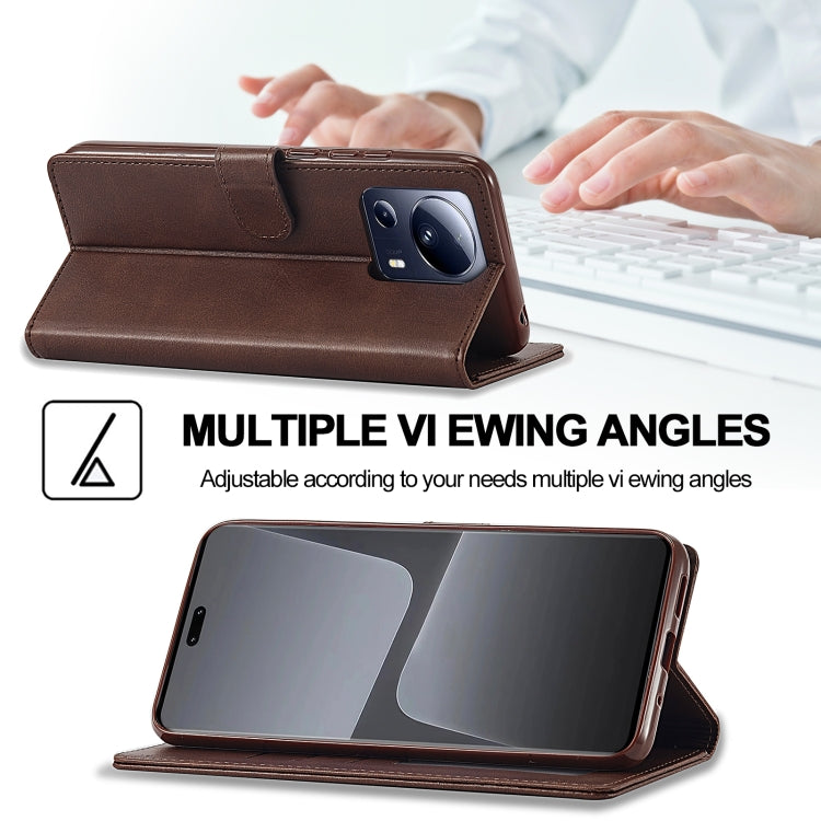 Brown calf-texture flip leather phone case in stand position with camera cutout