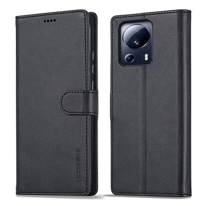 Black calf-texture flip leather phone case with side flap and camera cutout