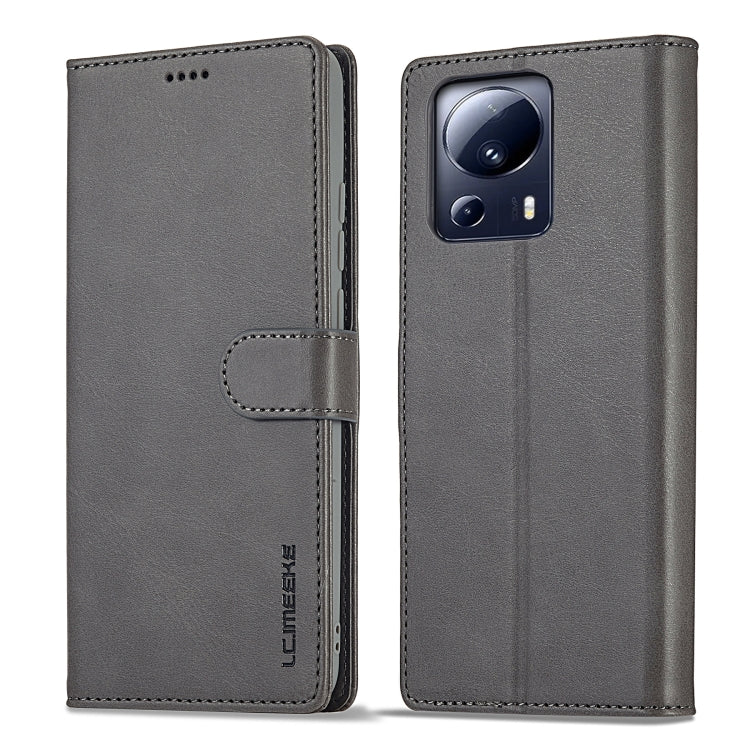 Grey calf-texture flip leather phone case with side flap and camera cutout