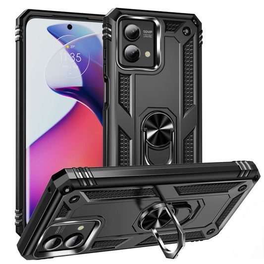 Rugged black phone case with metal ring holder and raised camera cutouts