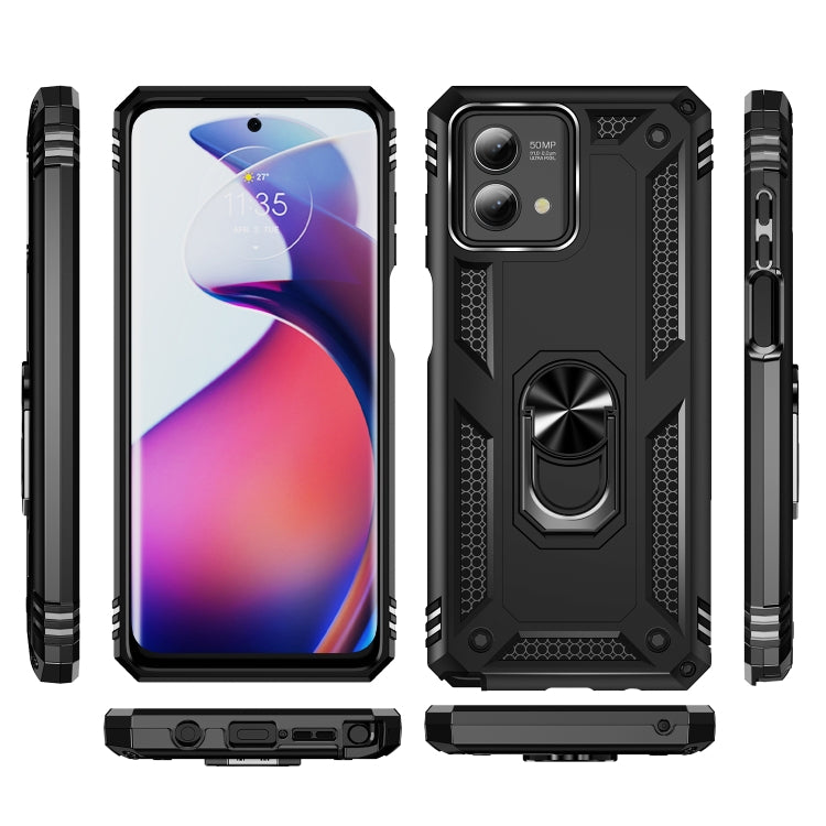 Rugged black phone case with metal ring holder, side buttons, and camera openings