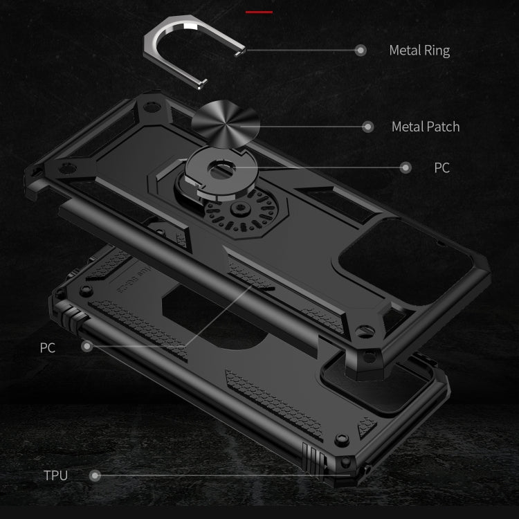Rugged phone case with textured grip, metal ring holder, and camera protection
