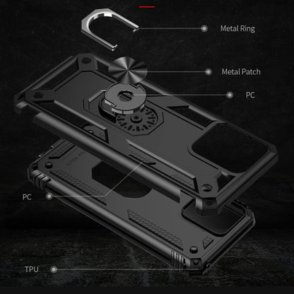 Rugged phone case with textured grip, metal ring holder, and camera protection