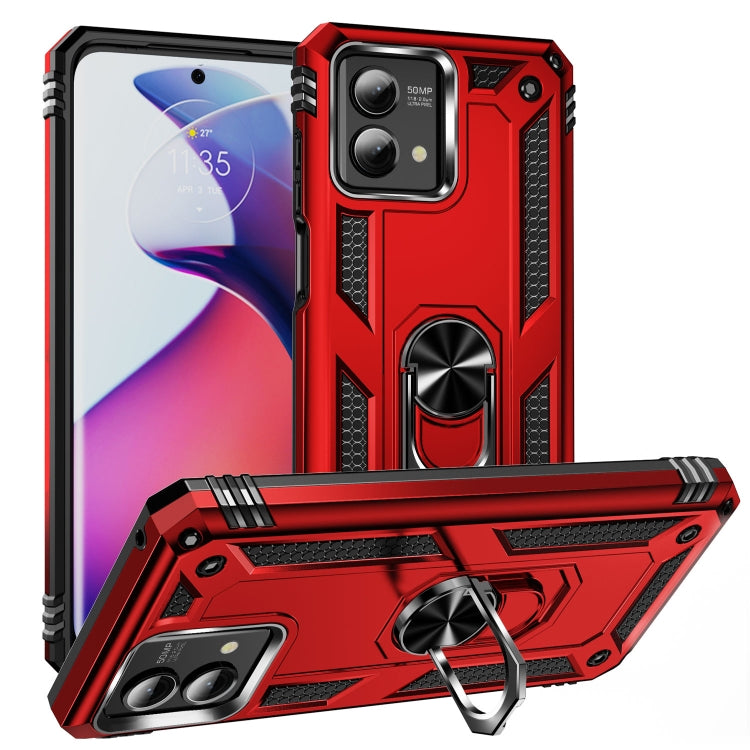 Rugged red phone case with metal ring holder and raised camera cutouts