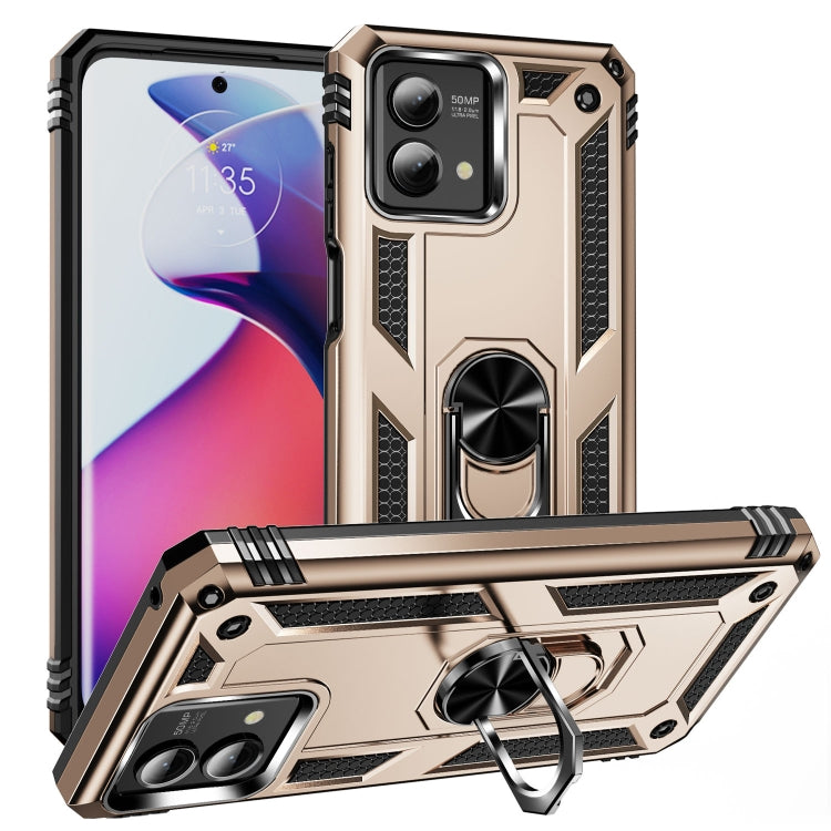Rugged gold phone case with metal ring holder and textured side protection
