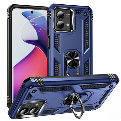 Rugged blue phone case with metal ring holder and raised camera openings