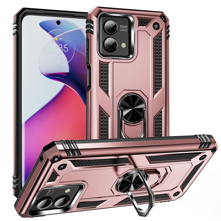 Rugged rose-pink phone case with metal ring holder and raised camera cutouts