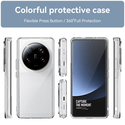 Transparent phone case shown front and side views with raised camera lens cover