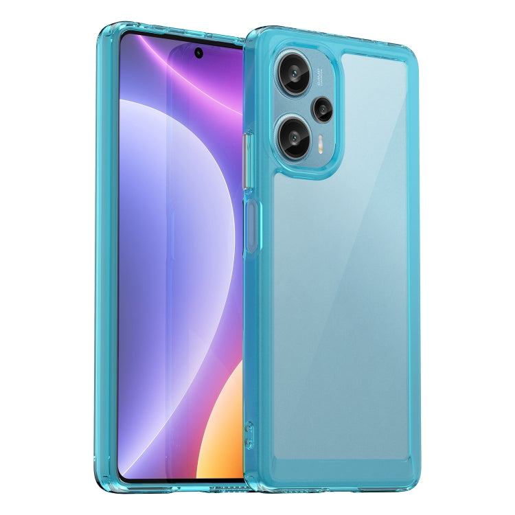 Transparent light blue phone case covering the phone back and dual camera opening