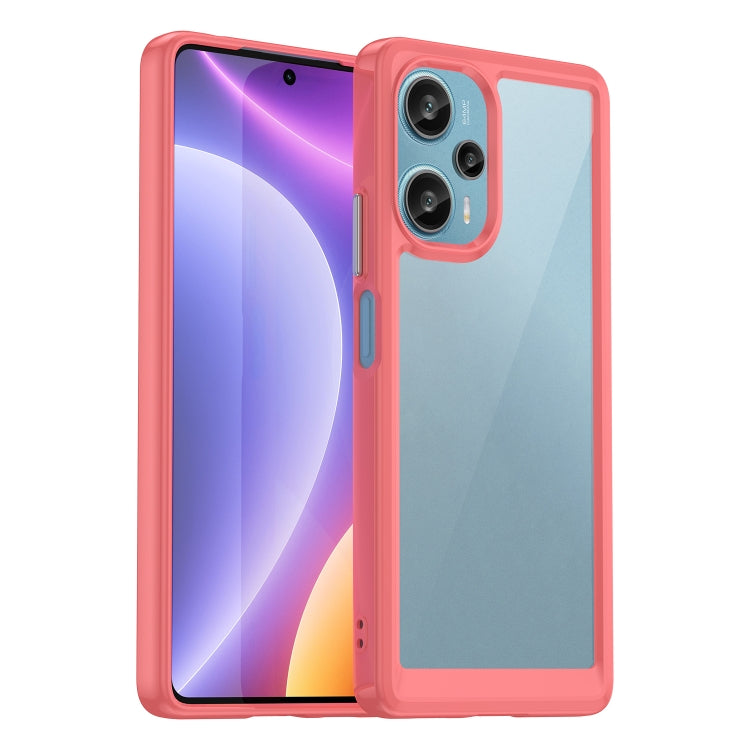 Transparent coral red TPU phone case with camera cutout and raised protective rim