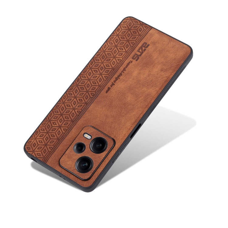 Brown textured phone case with geometric pattern stripe and camera cutouts