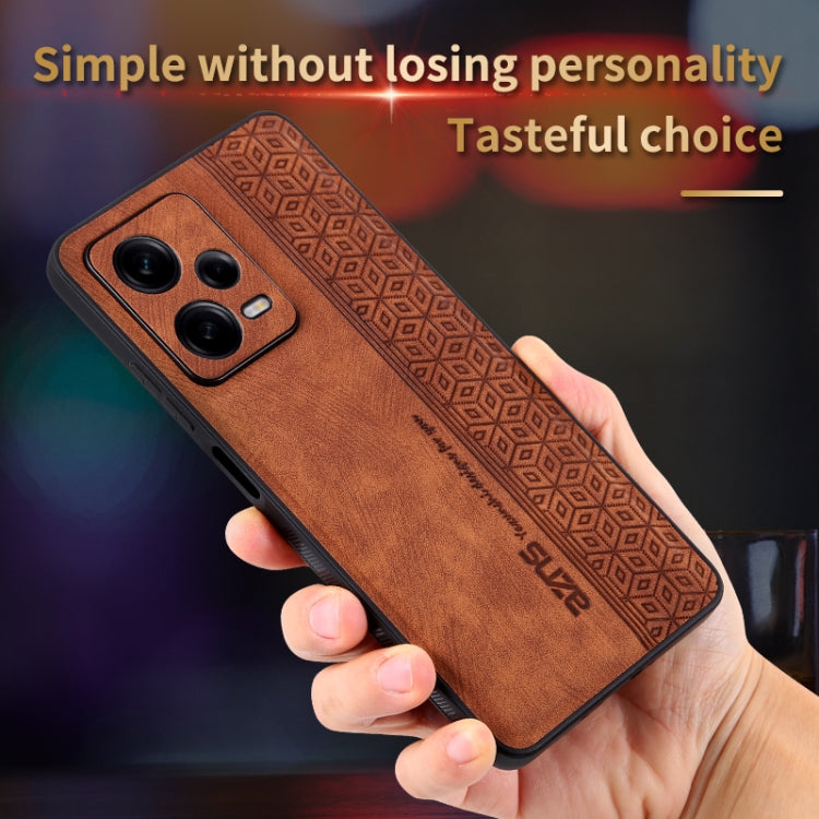 Brown textured phone case with geometric pattern and camera cutouts
