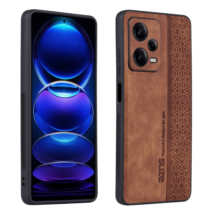 Brown embossed phone case with vertical logo strip and geometric corner pattern
