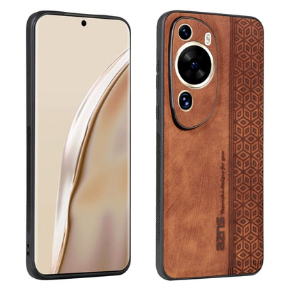 Brown embossed phone case with textured pattern and dual camera cutouts