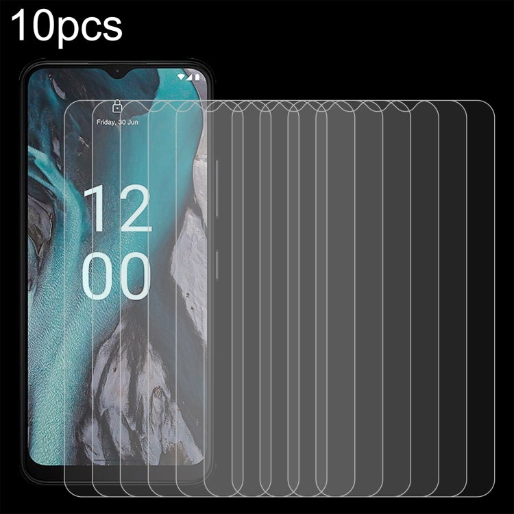 Tempered glass screen protector set (10) with curved edges previewed on smartphone front