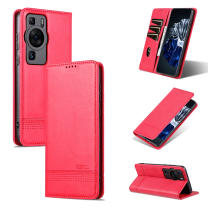 Red flip leather phone case with magnetic closure, card slots, and camera cutout