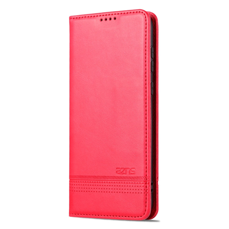 Red flip phone case with textured leather finish and magnetic closure