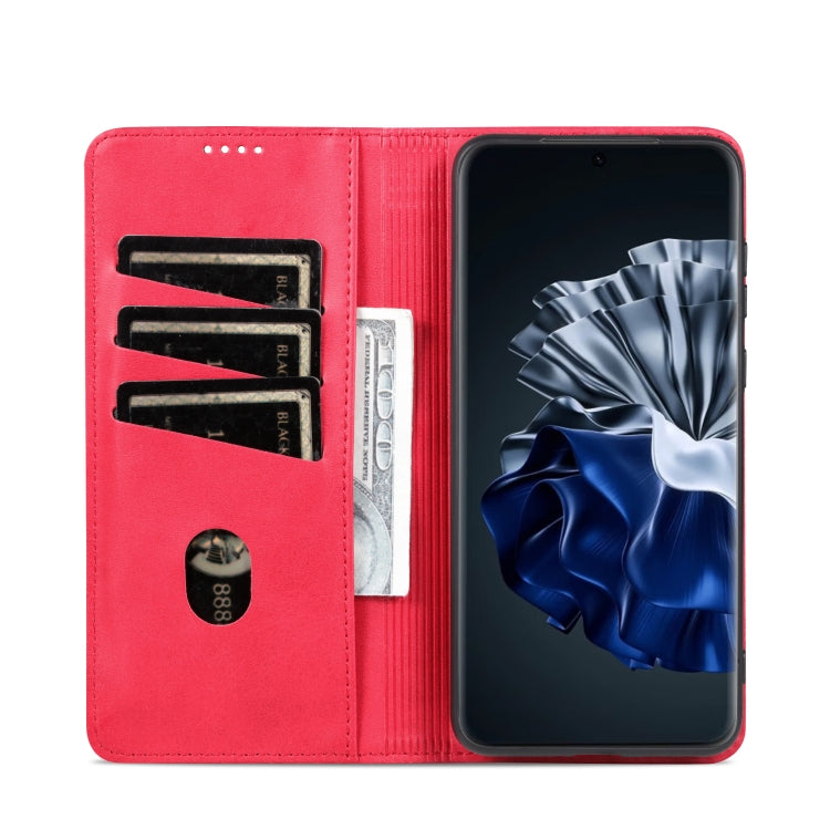 Red flip wallet phone case with card slots, cash pocket, and stand cover