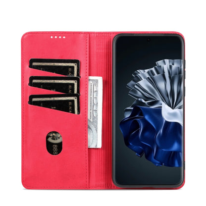 Red flip wallet phone case with card slots, cash pocket, and stand cover