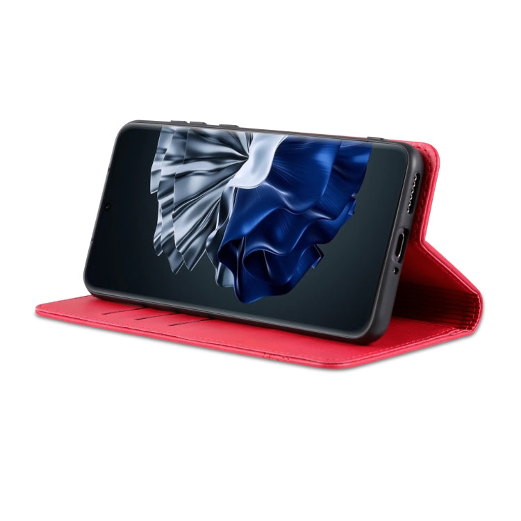 Red flip leather phone case propped as a viewing stand for the phone screen