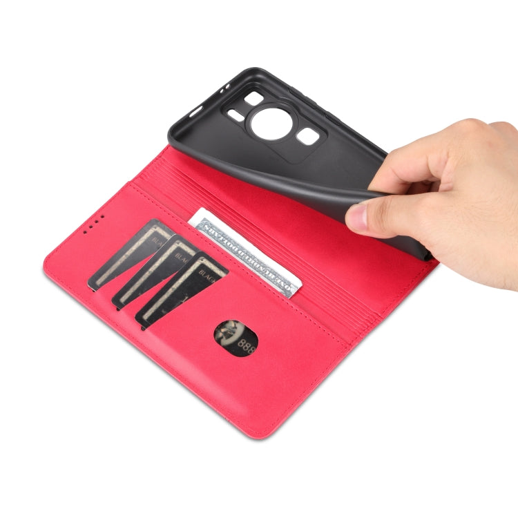 Red flip wallet phone case with card slots and magnetic closure, hand lifting flap