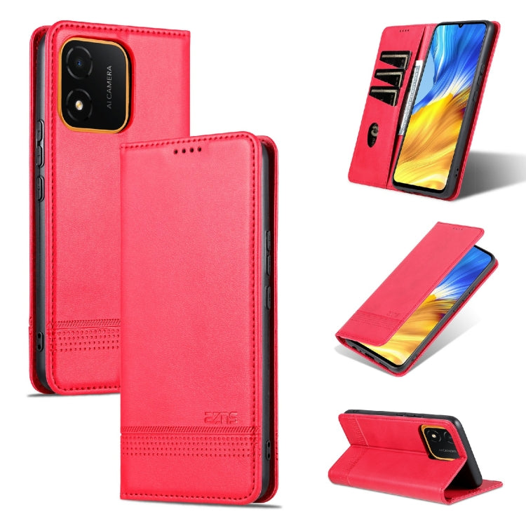 Red leather flip phone case with magnetic closure, stitched edges, and stand