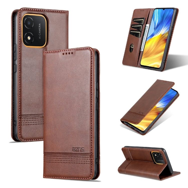 Brown leather flip phone case with magnetic closure and built-in kickstand