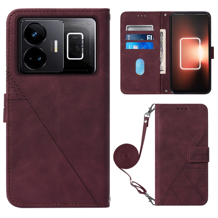 Wine red embossed flip leather phone case with crossbody strap and card slots