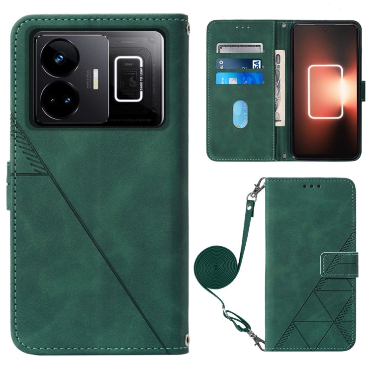 Dark green embossed flip leather phone case with crossbody strap and card slots