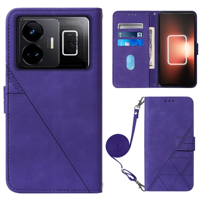 Purple embossed flip leather phone case with crossbody strap and card slots