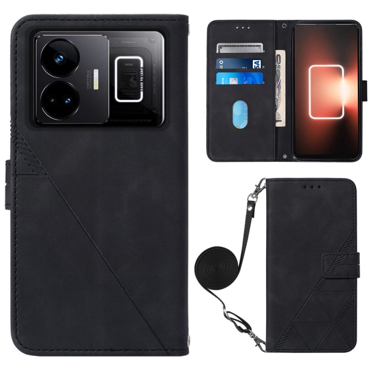 Black embossed flip leather phone case with crossbody strap and card slots