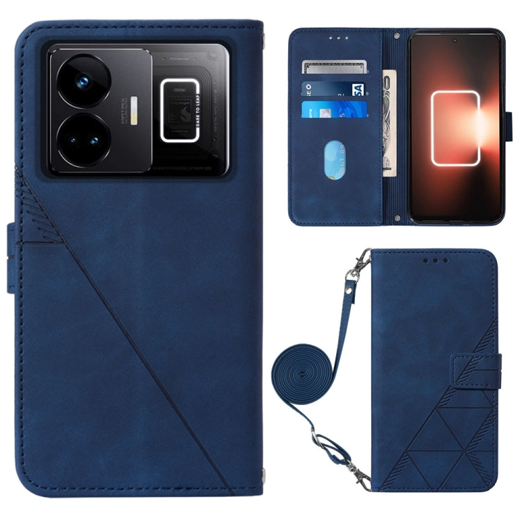 Blue embossed flip leather phone case with crossbody strap and card slots