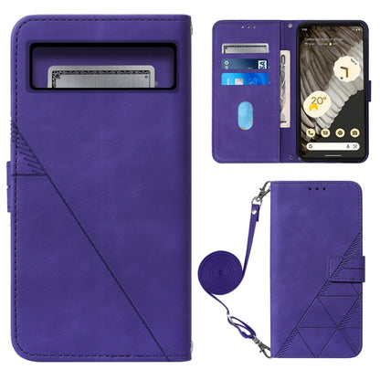 Crossbody flip leather phone case in purple with embossed diamond pattern and wrist strap