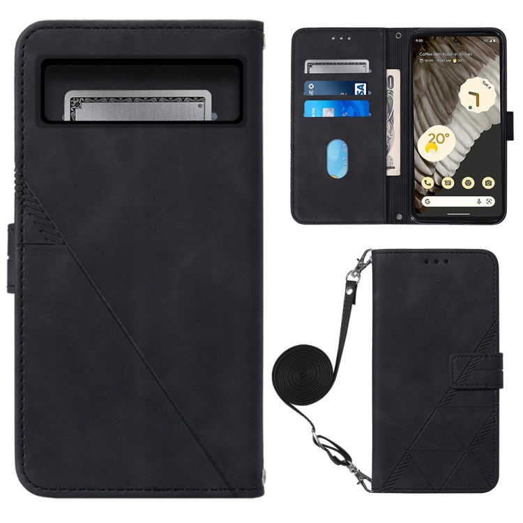 Black leather flip phone case with card slots, geometric emboss, and crossbody strap.