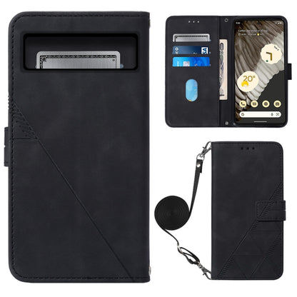 Black leather flip phone case with card slots, geometric emboss, and crossbody strap.