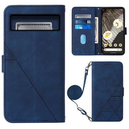 Dark blue leather flip phone case with card slots, geometric emboss, and crossbody strap.