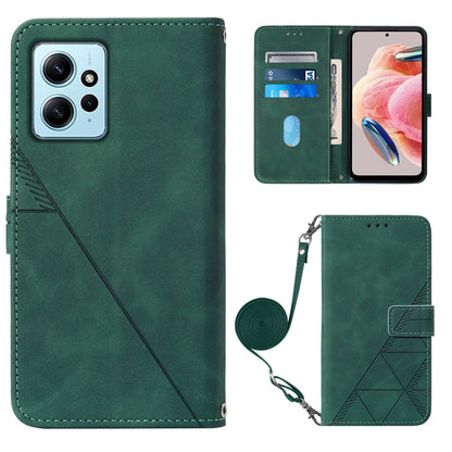 Dark green leather flip phone case with card slots, geometric emboss, and crossbody strap.
