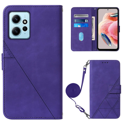 Purple leather flip phone case with card slots, geometric emboss, and crossbody strap.