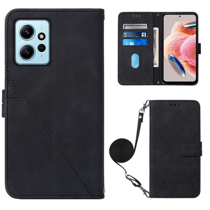 Black leather flip phone case with geometric embossed side and crossbody strap.
