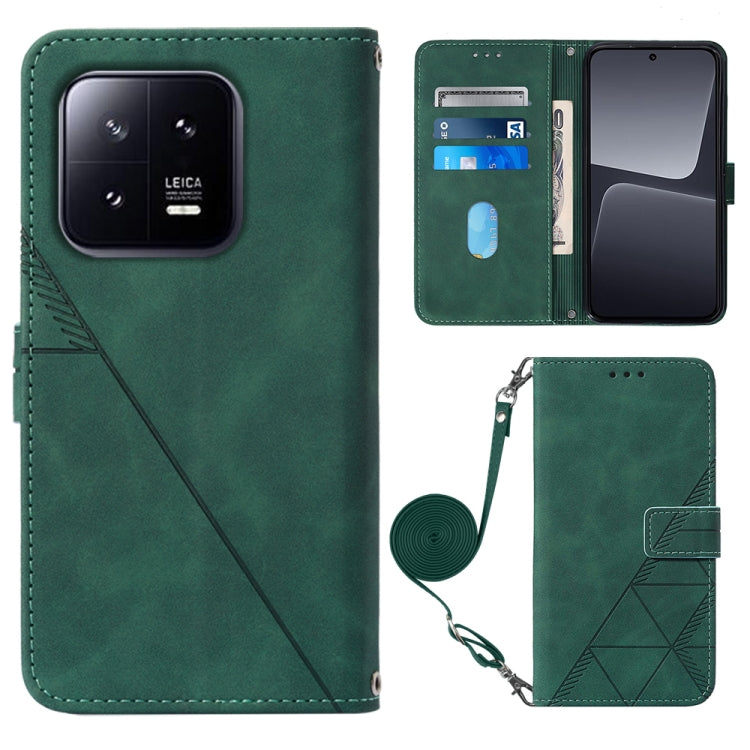 Green 3D embossed leather flip phone case with crossbody wrist strap and magnetic closure