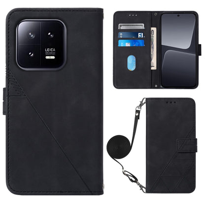 Black 3D embossed leather flip phone case with crossbody wrist strap and magnetic closure