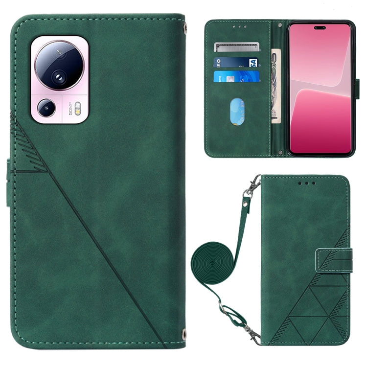 Dark green leather crossbody flip phone case with 3D embossed pattern and wrist strap