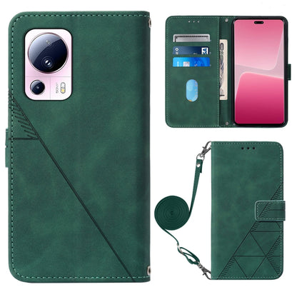 Dark green leather crossbody flip phone case with 3D embossed pattern and wrist strap