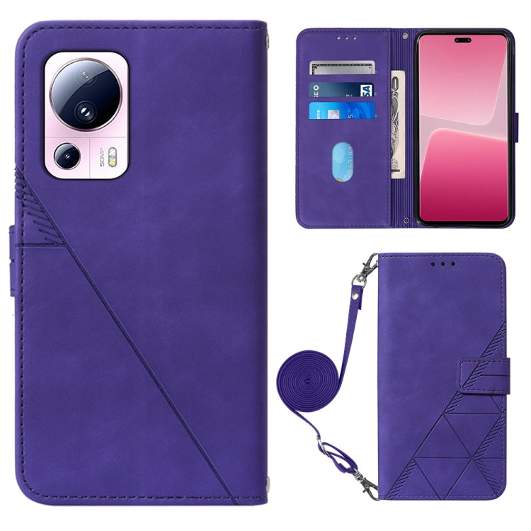 Purple leather crossbody flip phone case with 3D embossed pattern and wrist strap