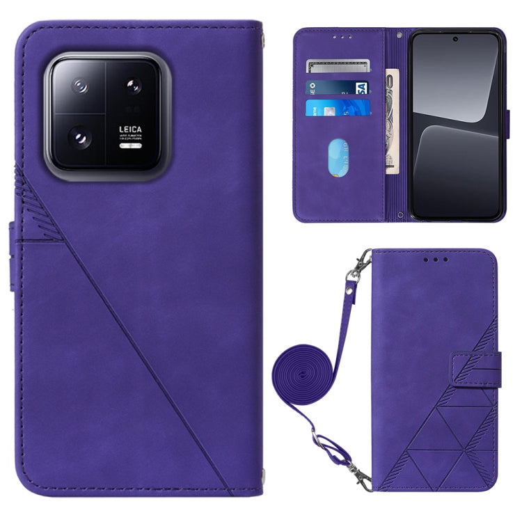 Purple leather crossbody flip phone case with 3D embossed pattern and wrist strap