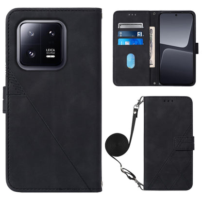 Black crossbody flip leather phone case with diagonal seam, magnetic clasp, and strap holder