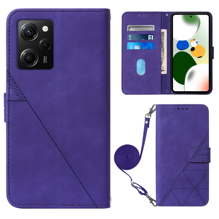 Purple crossbody flip leather phone case with diagonal seam, magnetic clasp, and strap holder